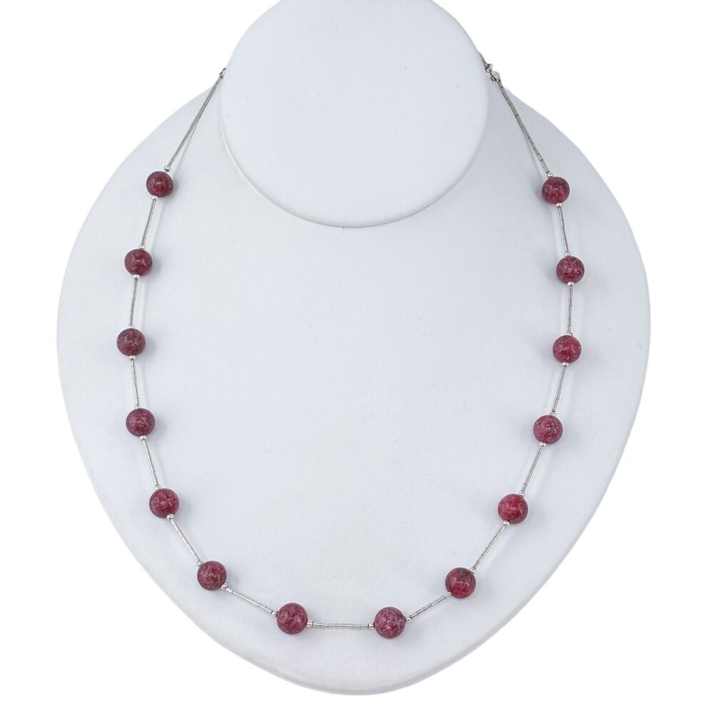 Vintage Sterling Silver 925 Red Glass Station Necklace 17"-20"
